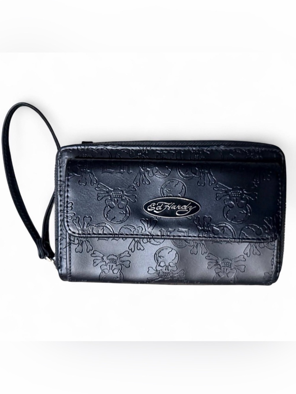 Ed Hardy Black Embossed Skull Wristlet Wallet
